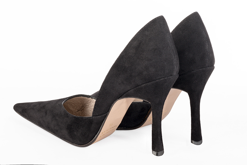 Matt black women's open arch dress pumps. Pointed toe. Very high slim heel. Rear view - Florence KOOIJMAN